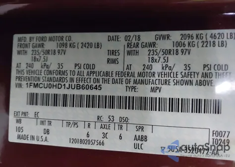 2018 Ford Escape Sel z USA, uszkodzony, nr VIN 1FMCU0HD1JUB60645